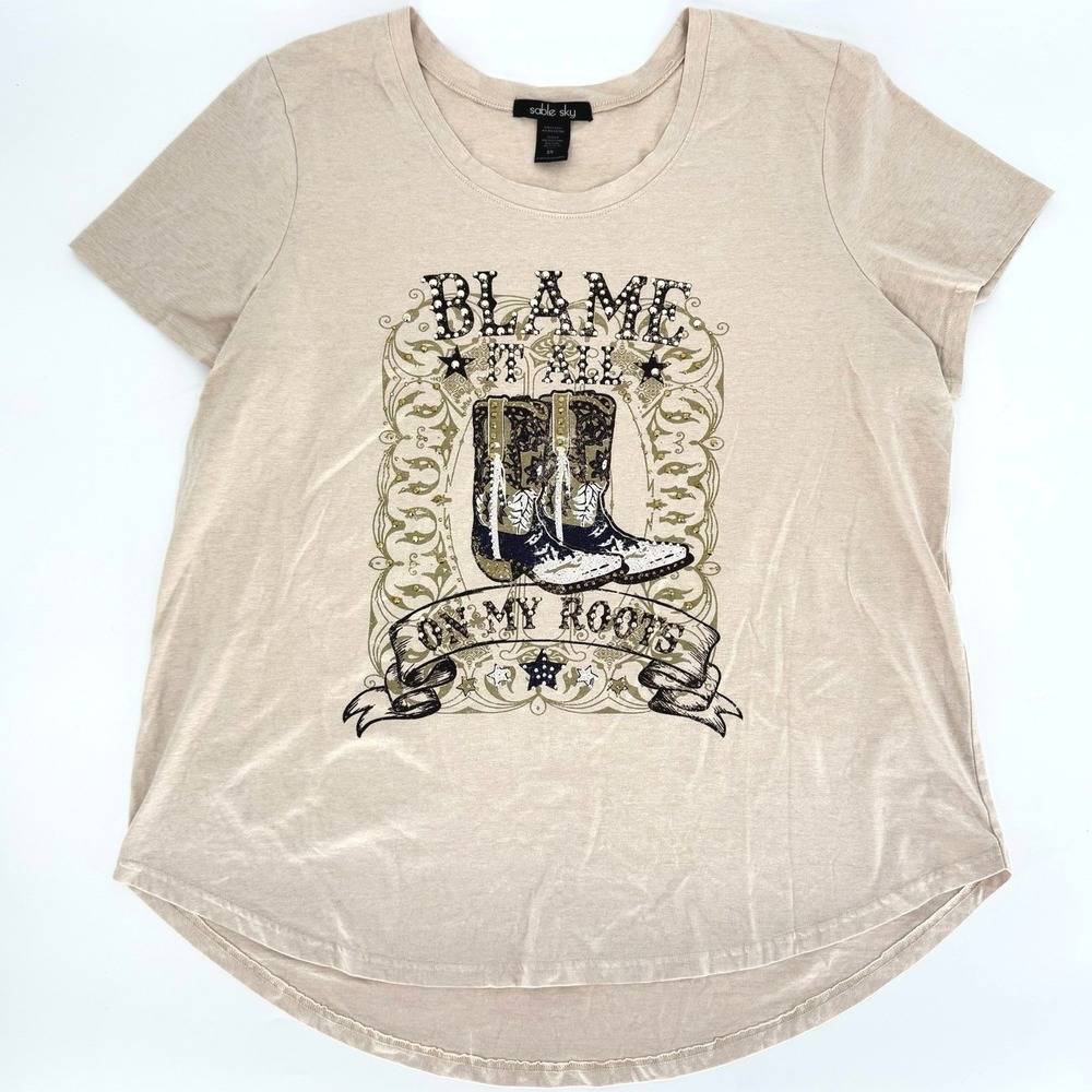 Sable Sky Blame It All On‎ My Roots Graphic Tee Tan Rhinestone Western Womens 2X